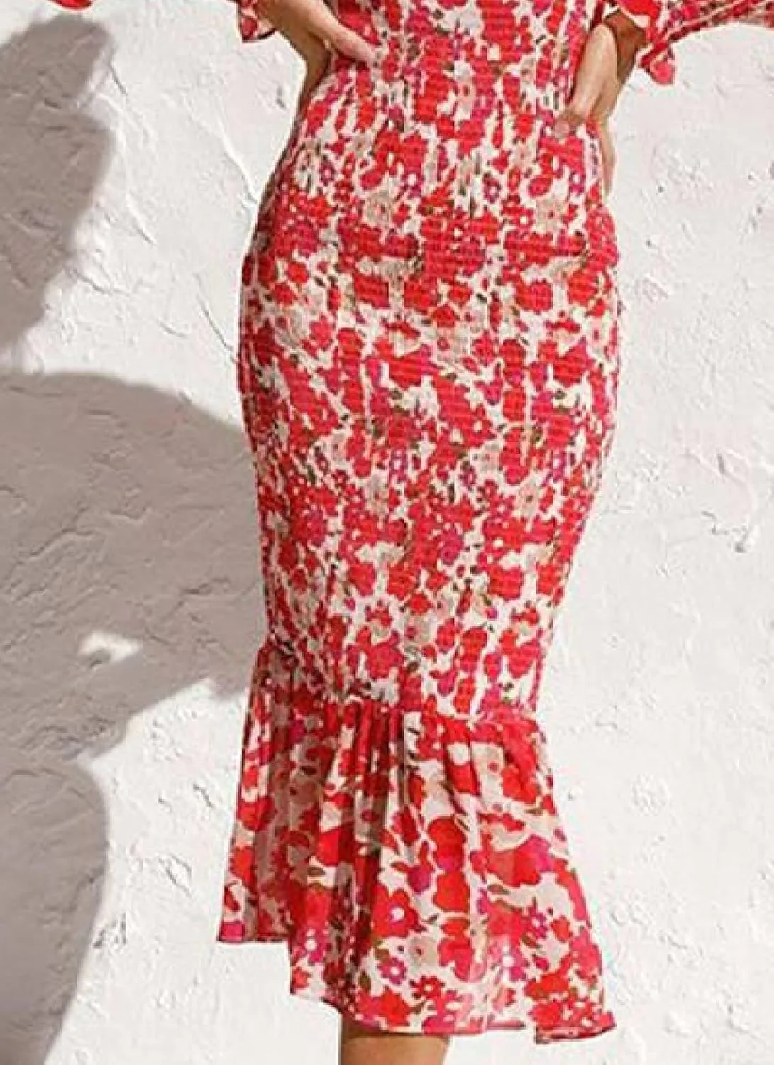 Women's Floral V-Neck Long Sleeve Ruffle Hem Midi Dress Summer Elegant Beach Wedding Guest Casual Dress