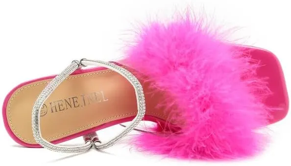 Womens Fluffy Heel Sandals Square Toe Clear Chunky High Heel Fuzzy Mules Double Rhinestone Strap Feather Furry Heels Wedding Evening Prom Party Dress Shoes