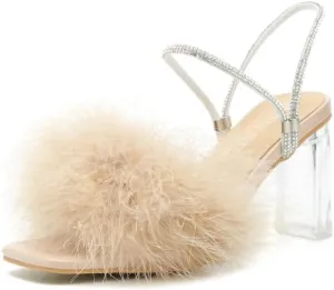 Womens Fluffy Heel Sandals Square Toe Clear Chunky High Heel Fuzzy Mules Double Rhinestone Strap Feather Furry Heels Wedding Evening Prom Party Dress Shoes