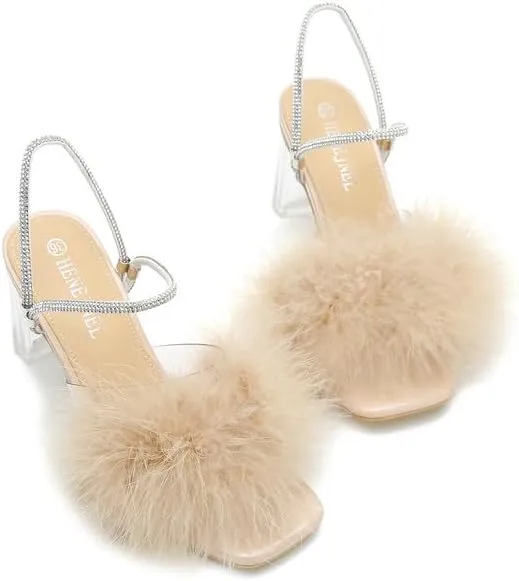 Womens Fluffy Heel Sandals Square Toe Clear Chunky High Heel Fuzzy Mules Double Rhinestone Strap Feather Furry Heels Wedding Evening Prom Party Dress Shoes