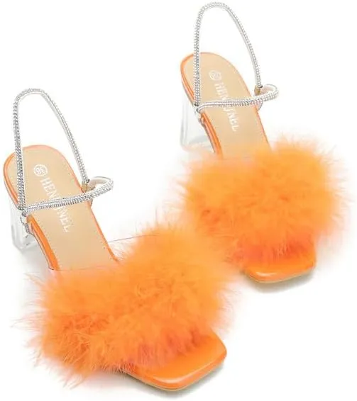Womens Fluffy Heel Sandals Square Toe Clear Chunky High Heel Fuzzy Mules Double Rhinestone Strap Feather Furry Heels Wedding Evening Prom Party Dress Shoes
