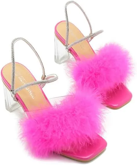 Womens Fluffy Heel Sandals Square Toe Clear Chunky High Heel Fuzzy Mules Double Rhinestone Strap Feather Furry Heels Wedding Evening Prom Party Dress Shoes