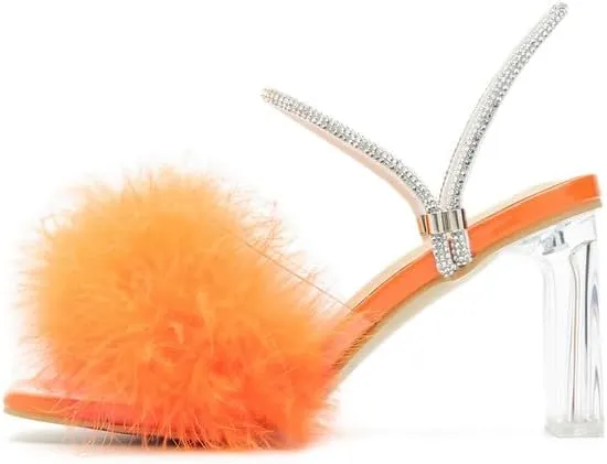 Womens Fluffy Heel Sandals Square Toe Clear Chunky High Heel Fuzzy Mules Double Rhinestone Strap Feather Furry Heels Wedding Evening Prom Party Dress Shoes