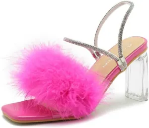 Womens Fluffy Heel Sandals Square Toe Clear Chunky High Heel Fuzzy Mules Double Rhinestone Strap Feather Furry Heels Wedding Evening Prom Party Dress Shoes