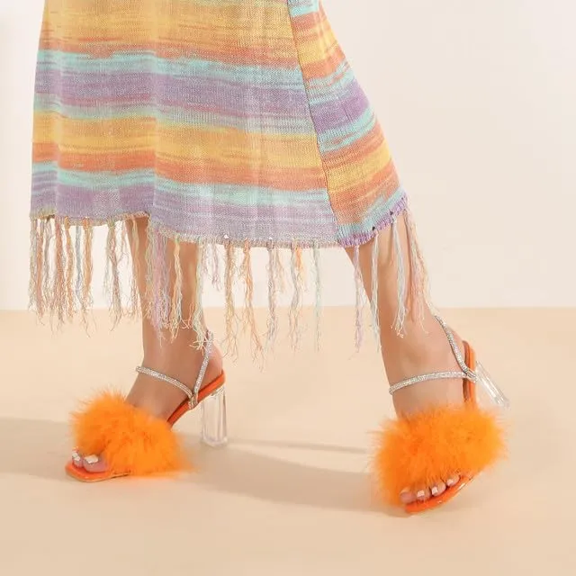 Womens Fluffy Heel Sandals Square Toe Clear Chunky High Heel Fuzzy Mules Double Rhinestone Strap Feather Furry Heels Wedding Evening Prom Party Dress Shoes