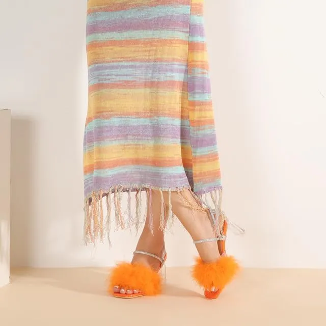 Womens Fluffy Heel Sandals Square Toe Clear Chunky High Heel Fuzzy Mules Double Rhinestone Strap Feather Furry Heels Wedding Evening Prom Party Dress Shoes