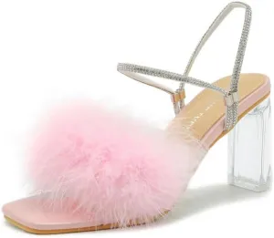 Womens Fluffy Heel Sandals Square Toe Clear Chunky High Heel Fuzzy Mules Double Rhinestone Strap Feather Furry Heels Wedding Evening Prom Party Dress Shoes