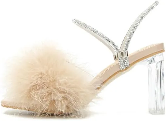 Womens Fluffy Heel Sandals Square Toe Clear Chunky High Heel Fuzzy Mules Double Rhinestone Strap Feather Furry Heels Wedding Evening Prom Party Dress Shoes