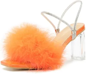 Womens Fluffy Heel Sandals Square Toe Clear Chunky High Heel Fuzzy Mules Double Rhinestone Strap Feather Furry Heels Wedding Evening Prom Party Dress Shoes