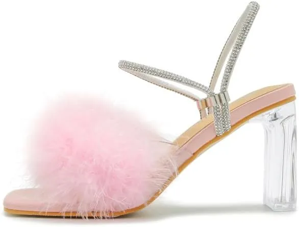Womens Fluffy Heel Sandals Square Toe Clear Chunky High Heel Fuzzy Mules Double Rhinestone Strap Feather Furry Heels Wedding Evening Prom Party Dress Shoes