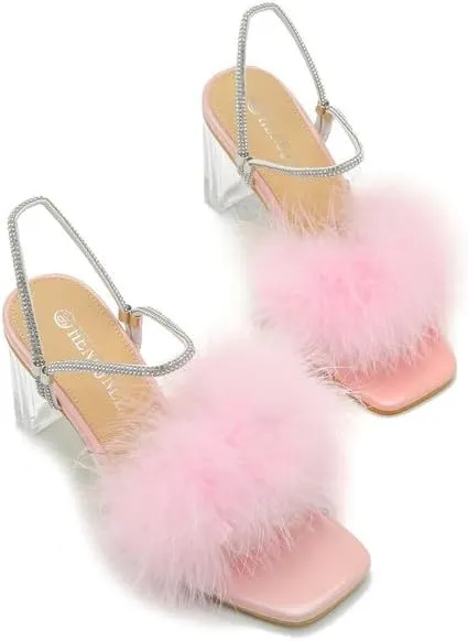 Womens Fluffy Heel Sandals Square Toe Clear Chunky High Heel Fuzzy Mules Double Rhinestone Strap Feather Furry Heels Wedding Evening Prom Party Dress Shoes