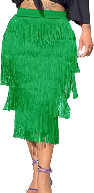 Women's Fringe Trim High Waist Pencil Bodycon Skirts Sexy Elegant Fringe Long Maxi Skirt Tassel Tiered Solid Party Dress