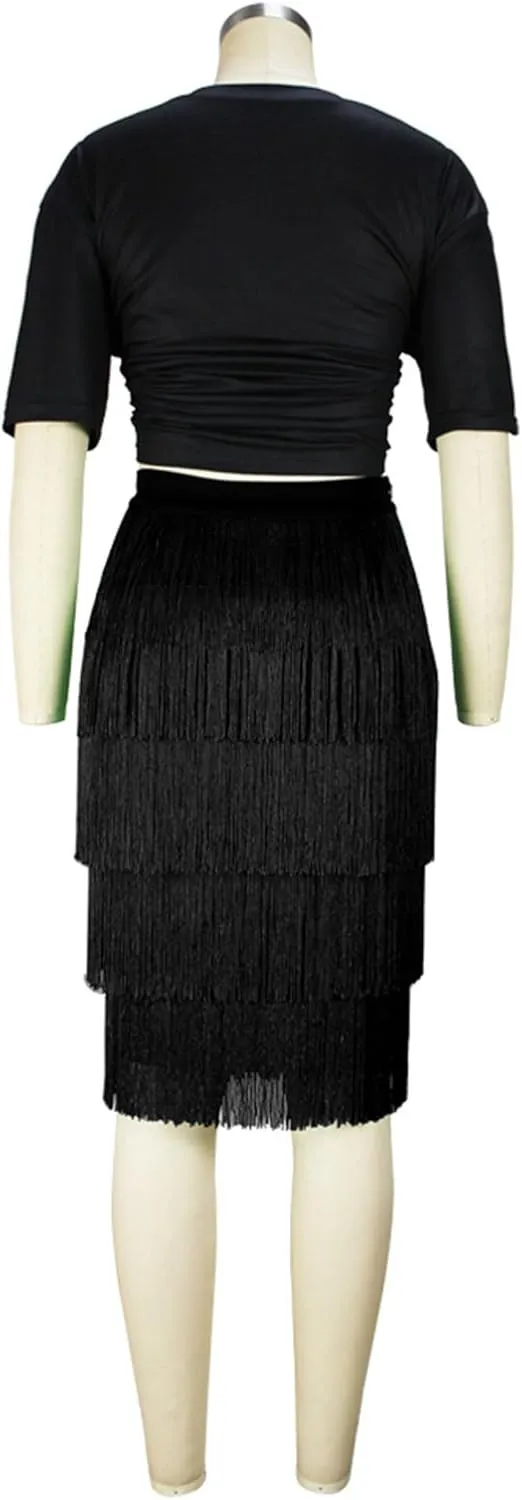 Women's Fringe Trim High Waist Pencil Bodycon Skirts Sexy Elegant Fringe Long Maxi Skirt Tassel Tiered Solid Party Dress