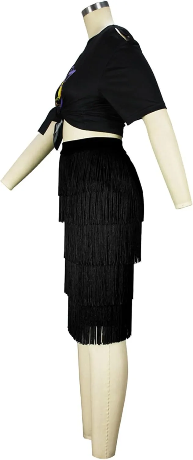 Women's Fringe Trim High Waist Pencil Bodycon Skirts Sexy Elegant Fringe Long Maxi Skirt Tassel Tiered Solid Party Dress