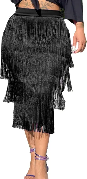 Women's Fringe Trim High Waist Pencil Bodycon Skirts Sexy Elegant Fringe Long Maxi Skirt Tassel Tiered Solid Party Dress