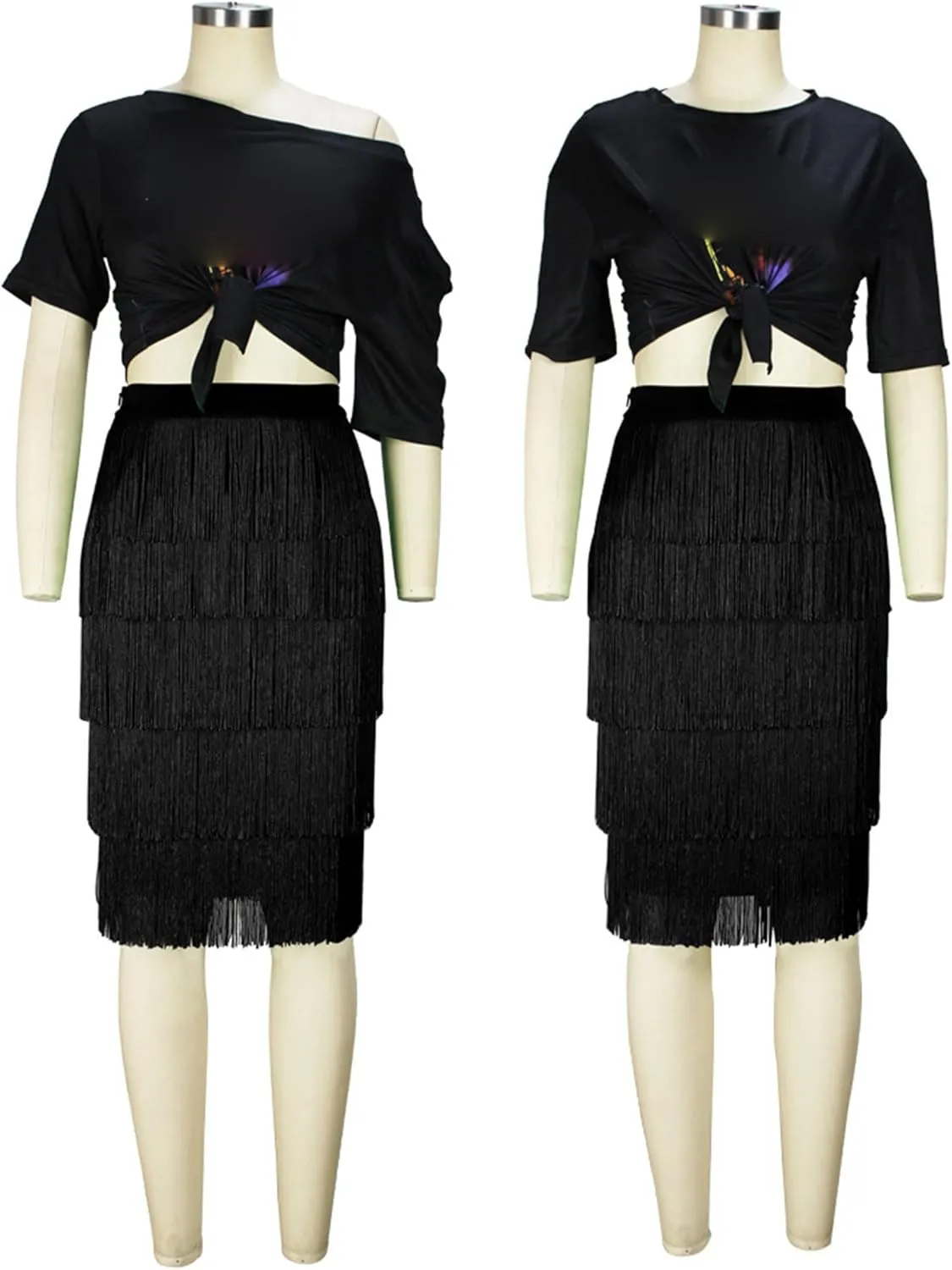 Women's Fringe Trim High Waist Pencil Bodycon Skirts Sexy Elegant Fringe Long Maxi Skirt Tassel Tiered Solid Party Dress
