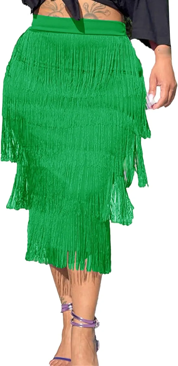 Women's Fringe Trim High Waist Pencil Bodycon Skirts Sexy Elegant Fringe Long Maxi Skirt Tassel Tiered Solid Party Dress