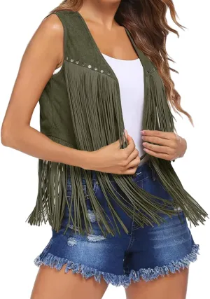 Womens Fringe Vest, Sleeveless Faux Suede Tassel Cowgirl Western Outfits, Vintage Rivets Open Front Jacket Outerwear Vests