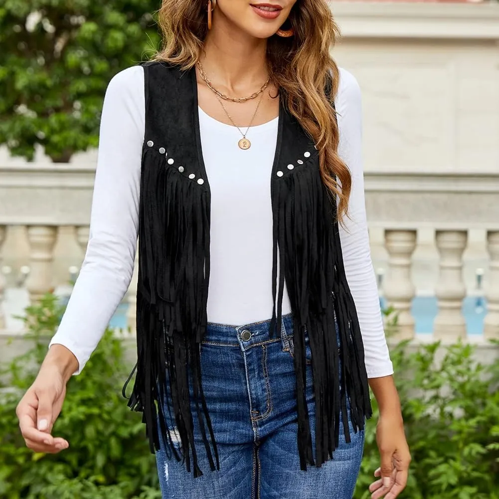 Womens Fringe Vest, Sleeveless Faux Suede Tassel Cowgirl Western Outfits, Vintage Rivets Open Front Jacket Outerwear Vests