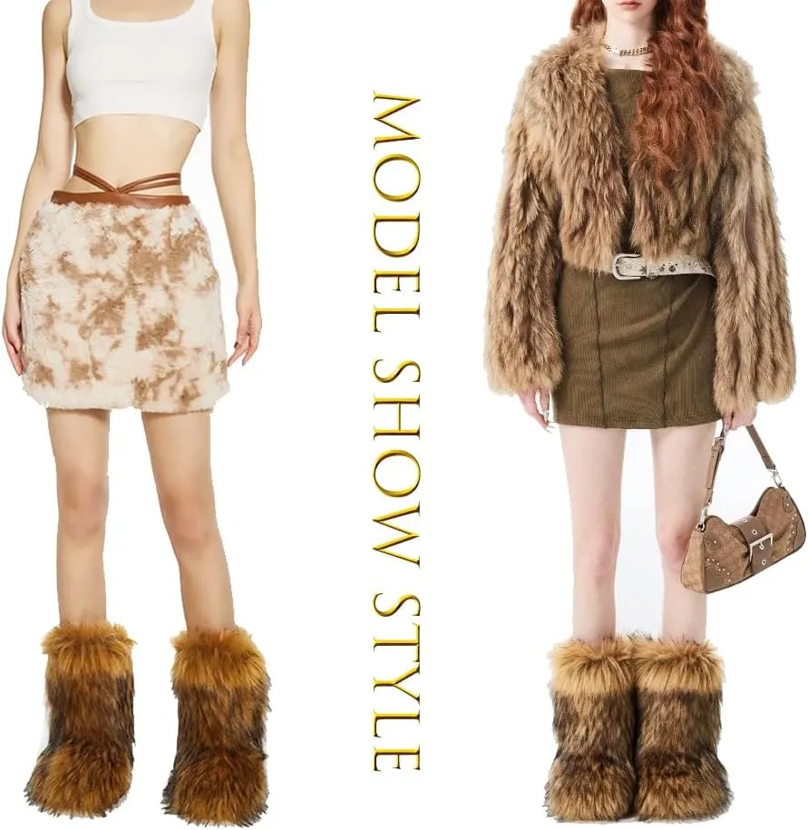 Women's Furry Faux Fur Boots Fuzzy Fluffy Mid Calf Snow Boots Suede Warm Fur Lined Booties Flat Warm Short Boots