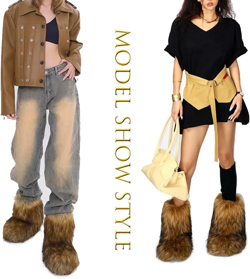 Women's Furry Faux Fur Boots Fuzzy Fluffy Mid Calf Snow Boots Suede Warm Fur Lined Booties Flat Warm Short Boots