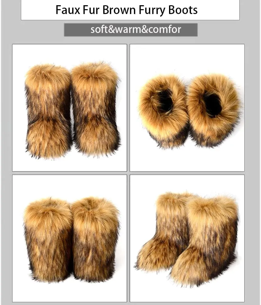 Women's Furry Faux Fur Boots Fuzzy Fluffy Mid Calf Snow Boots Suede Warm Fur Lined Booties Flat Warm Short Boots