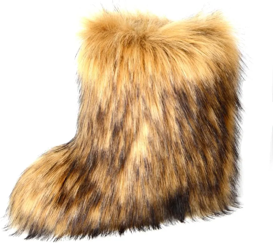Women's Furry Faux Fur Boots Fuzzy Fluffy Mid Calf Snow Boots Suede Warm Fur Lined Booties Flat Warm Short Boots