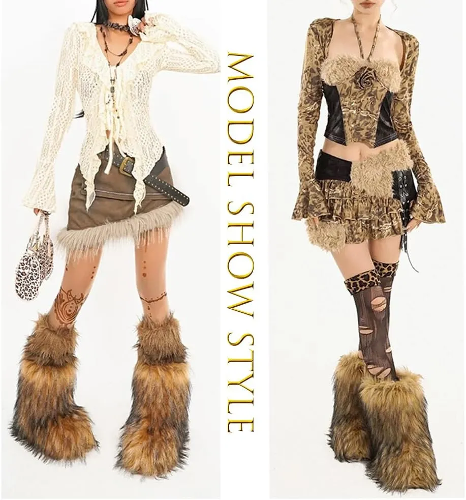 Women's Furry Faux Fur Boots Fuzzy Fluffy Mid Calf Snow Boots Suede Warm Fur Lined Booties Flat Warm Short Boots
