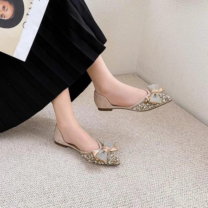 Women's Glitter Rhinestone Wedding Flats Winter Fur Dress Shoes Pointed Toe Ballet Flats