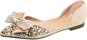 Women's Glitter Rhinestone Wedding Flats Winter Fur Dress Shoes Pointed Toe Ballet Flats