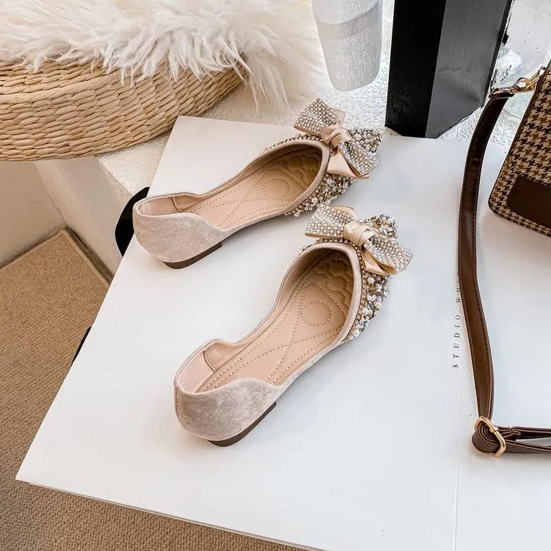 Women's Glitter Rhinestone Wedding Flats Winter Fur Dress Shoes Pointed Toe Ballet Flats
