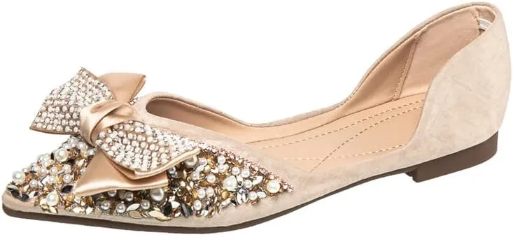 Women's Glitter Rhinestone Wedding Flats Winter Fur Dress Shoes Pointed Toe Ballet Flats