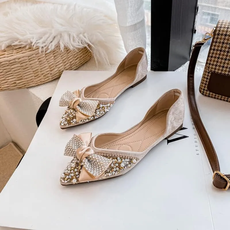 Women's Glitter Rhinestone Wedding Flats Winter Fur Dress Shoes Pointed Toe Ballet Flats