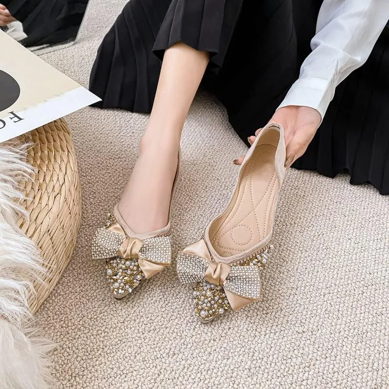 Women's Glitter Rhinestone Wedding Flats Winter Fur Dress Shoes Pointed Toe Ballet Flats