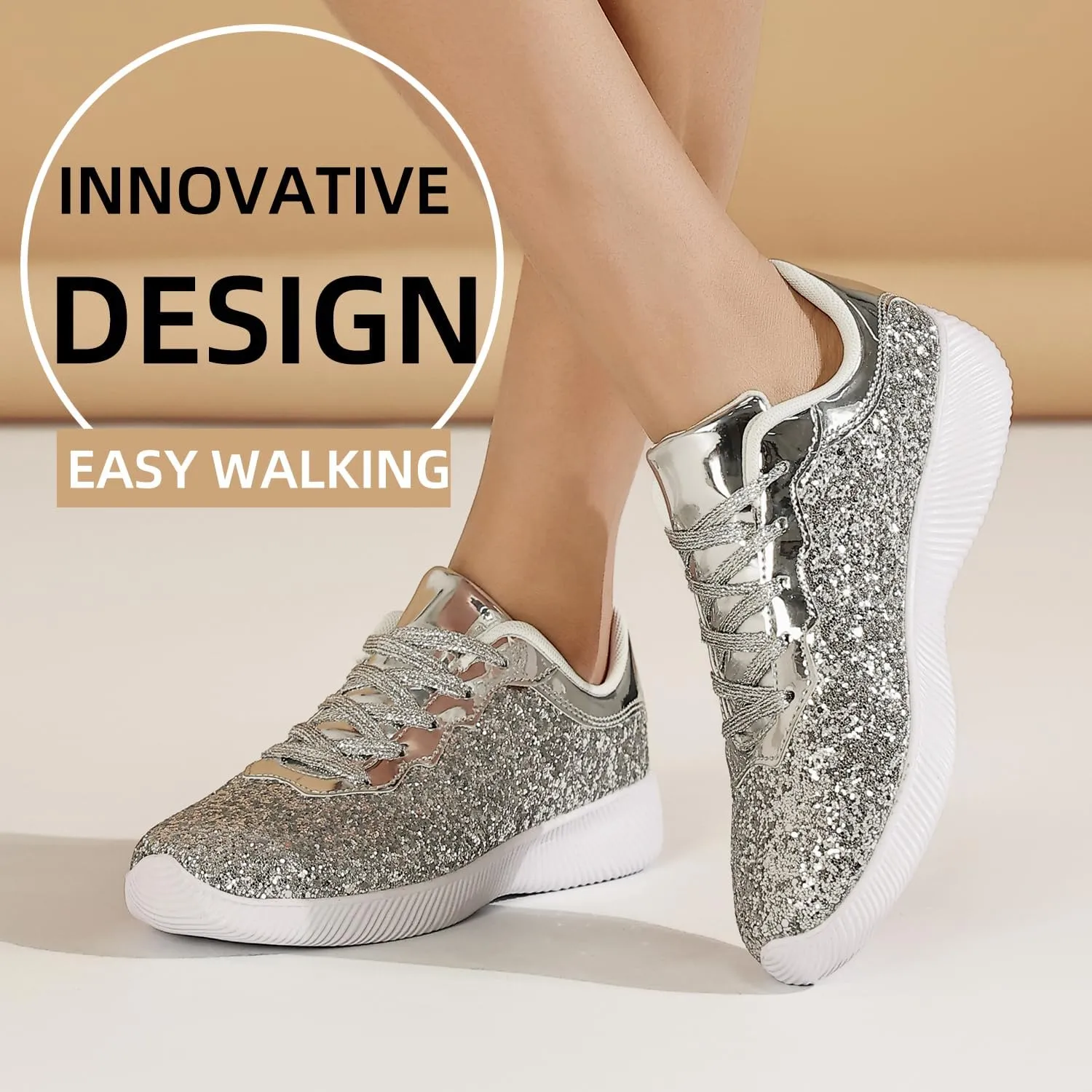 Women's Glitter Sneakers Shoes Lightweight Tennis Shoes Metallic Sequin Walking Shoes