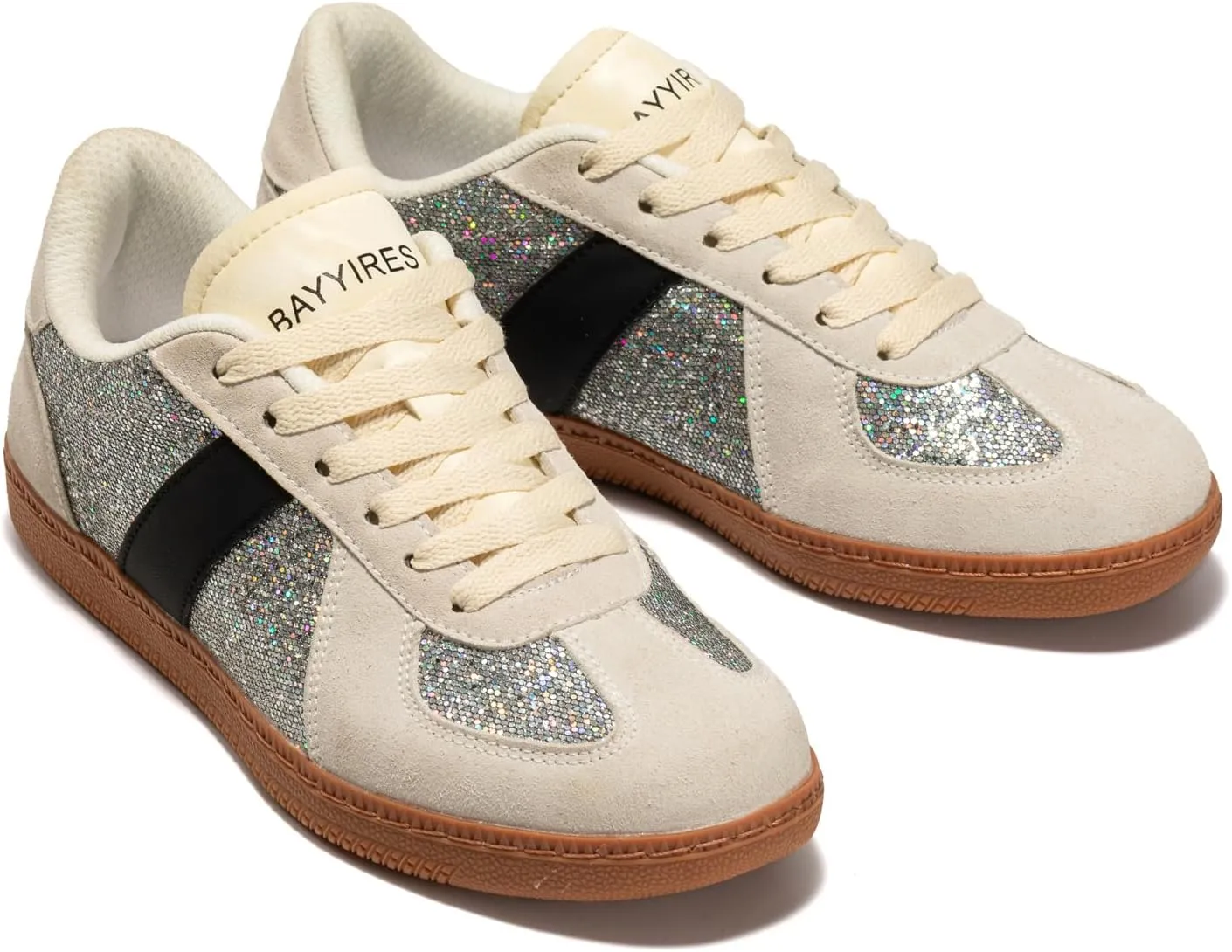 Women’s Glitter Sparkly Fashion Sneakers – Classic Retro Lace-Up Trainers with Non-Slip Gum Sole and Cushioned Insole for Casual Walking Street Style