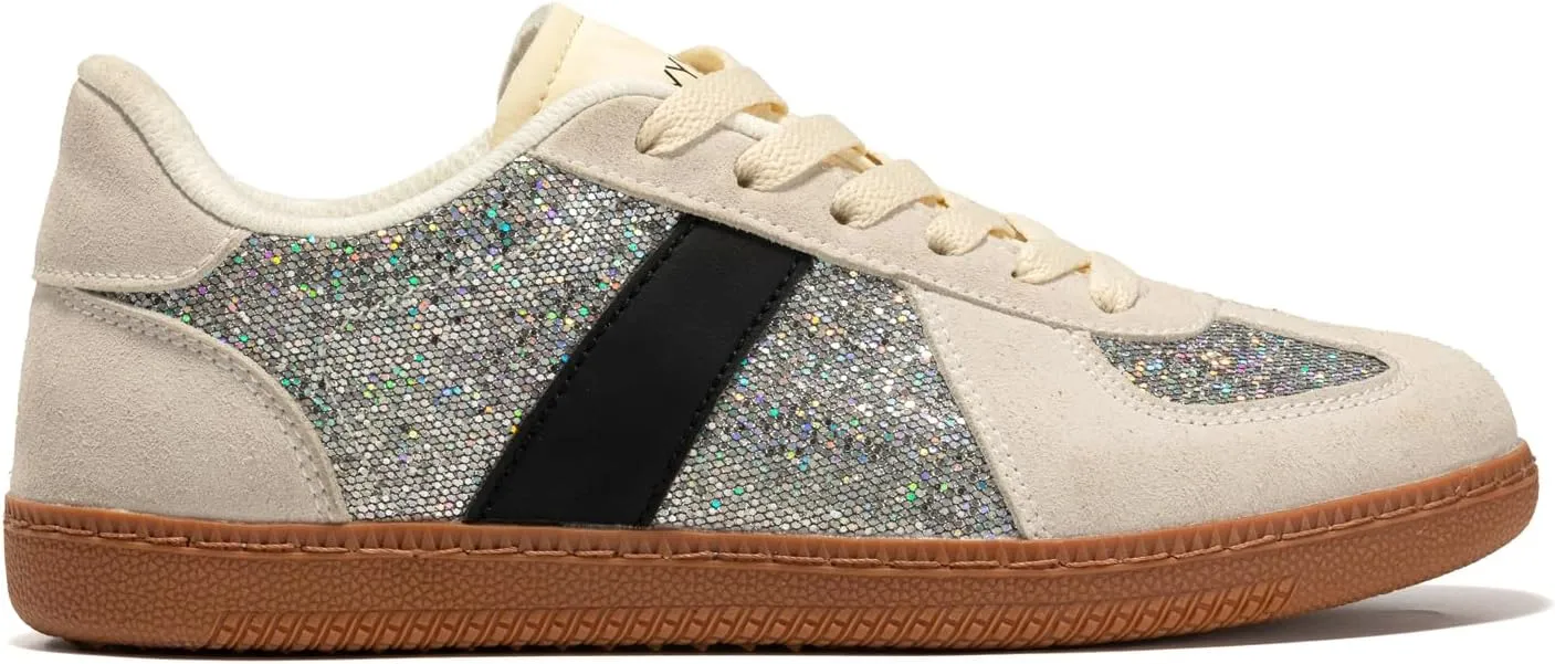 Women’s Glitter Sparkly Fashion Sneakers – Classic Retro Lace-Up Trainers with Non-Slip Gum Sole and Cushioned Insole for Casual Walking Street Style