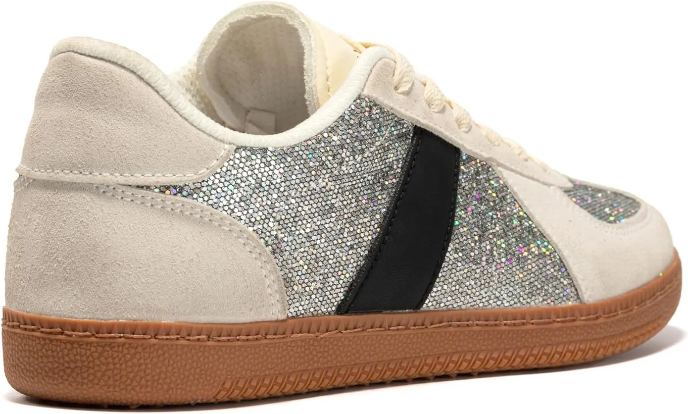 Women’s Glitter Sparkly Fashion Sneakers – Classic Retro Lace-Up Trainers with Non-Slip Gum Sole and Cushioned Insole for Casual Walking Street Style