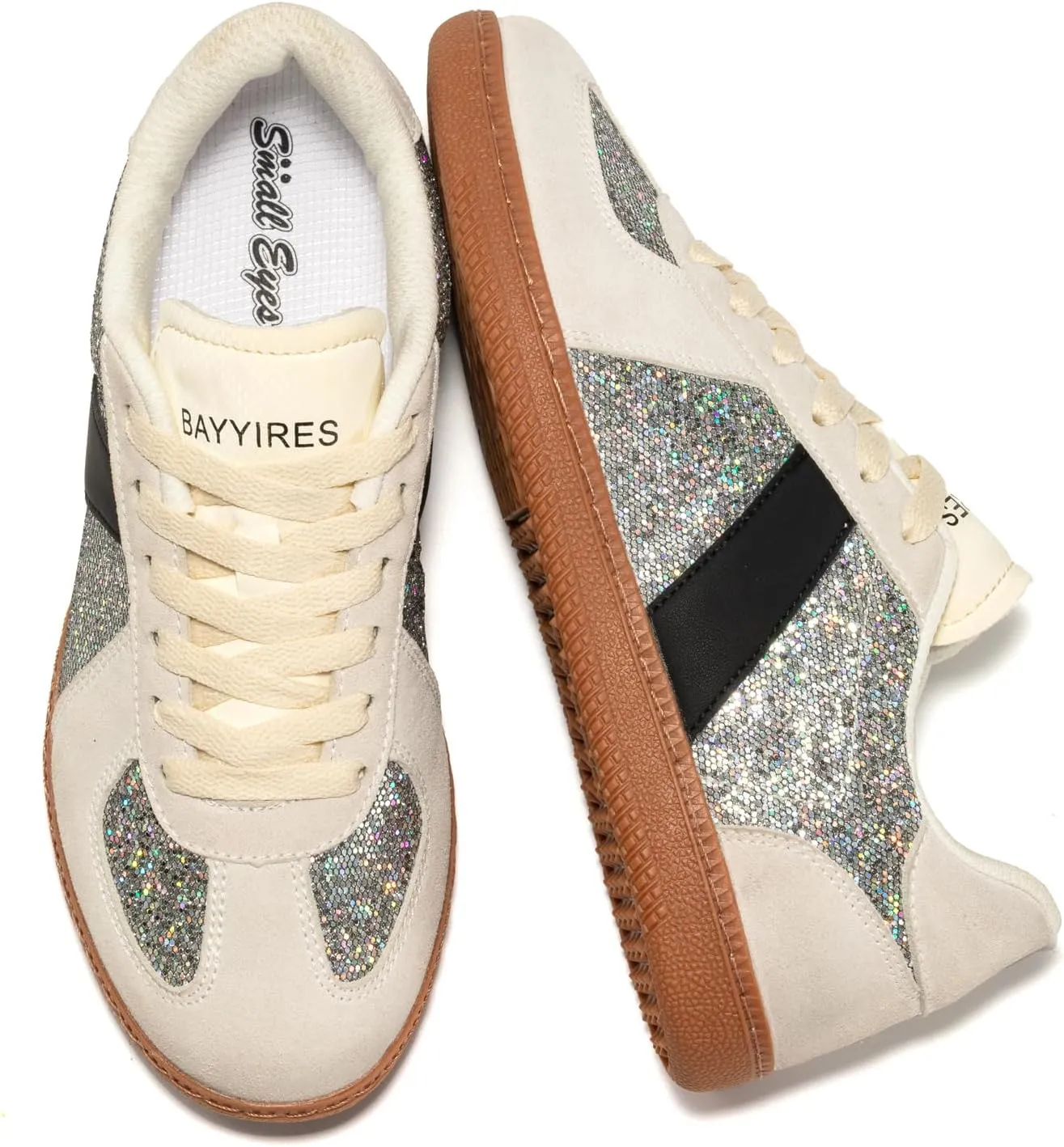 Women’s Glitter Sparkly Fashion Sneakers – Classic Retro Lace-Up Trainers with Non-Slip Gum Sole and Cushioned Insole for Casual Walking Street Style