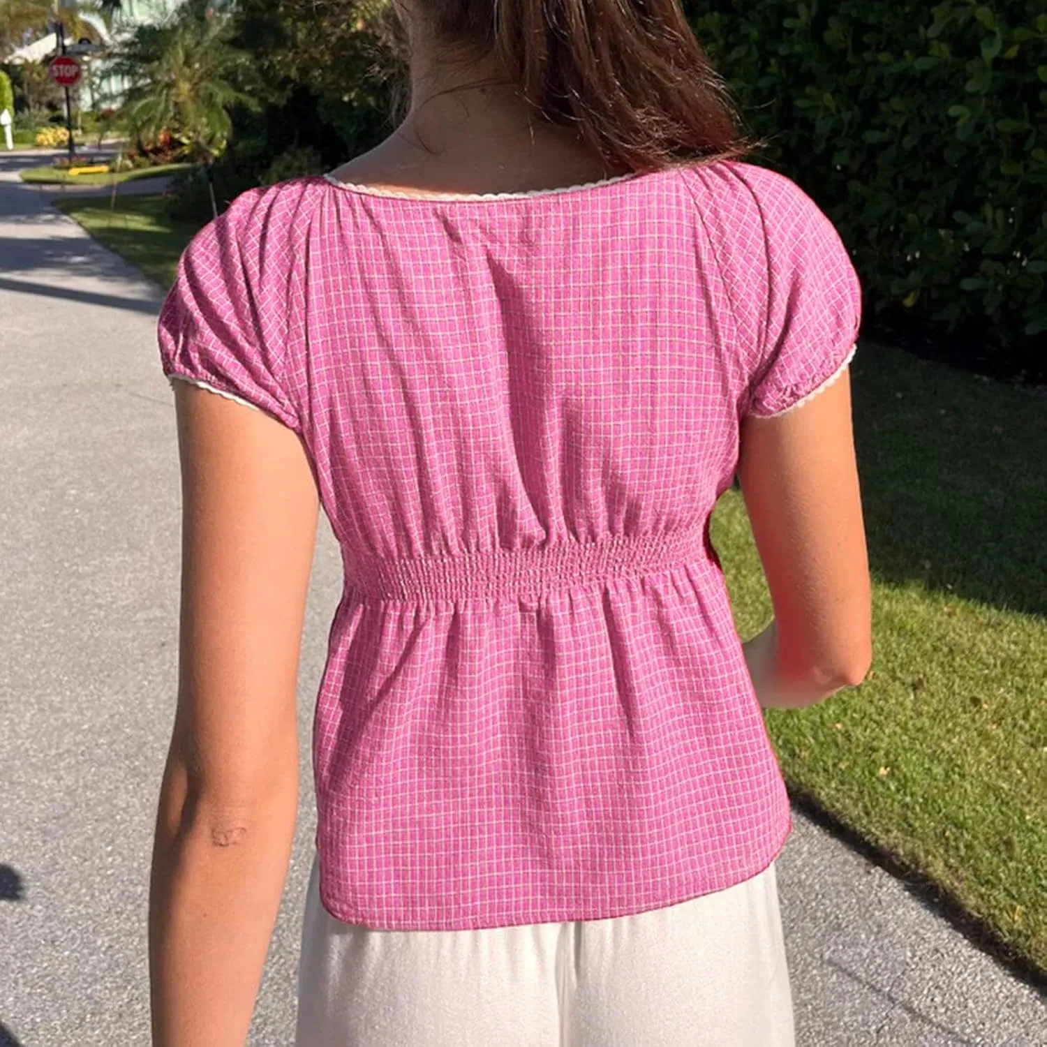 Womens Going Out Crop Tops Backless uff Short Sleeve Babydoll Top Summer Y2k Teen Girls Basics Cute Clothes