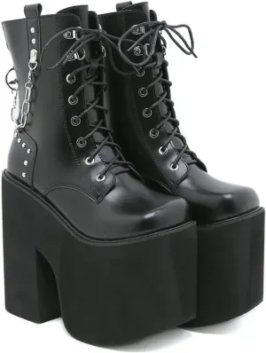 Women's Goth Platform Ankle Boots Buckles Chunky Block Wedge Side Zipper Heels Round Toe Punk Motorcycle Gothic Booties High Heel Lace Up Studded Stacked