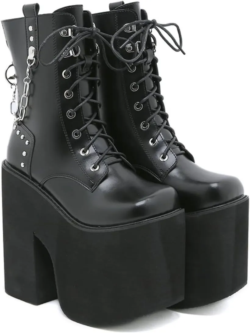 Women's Goth Platform Ankle Boots Buckles Chunky Block Wedge Side Zipper Heels Round Toe Punk Motorcycle Gothic Booties High Heel Lace Up Studded Stacked