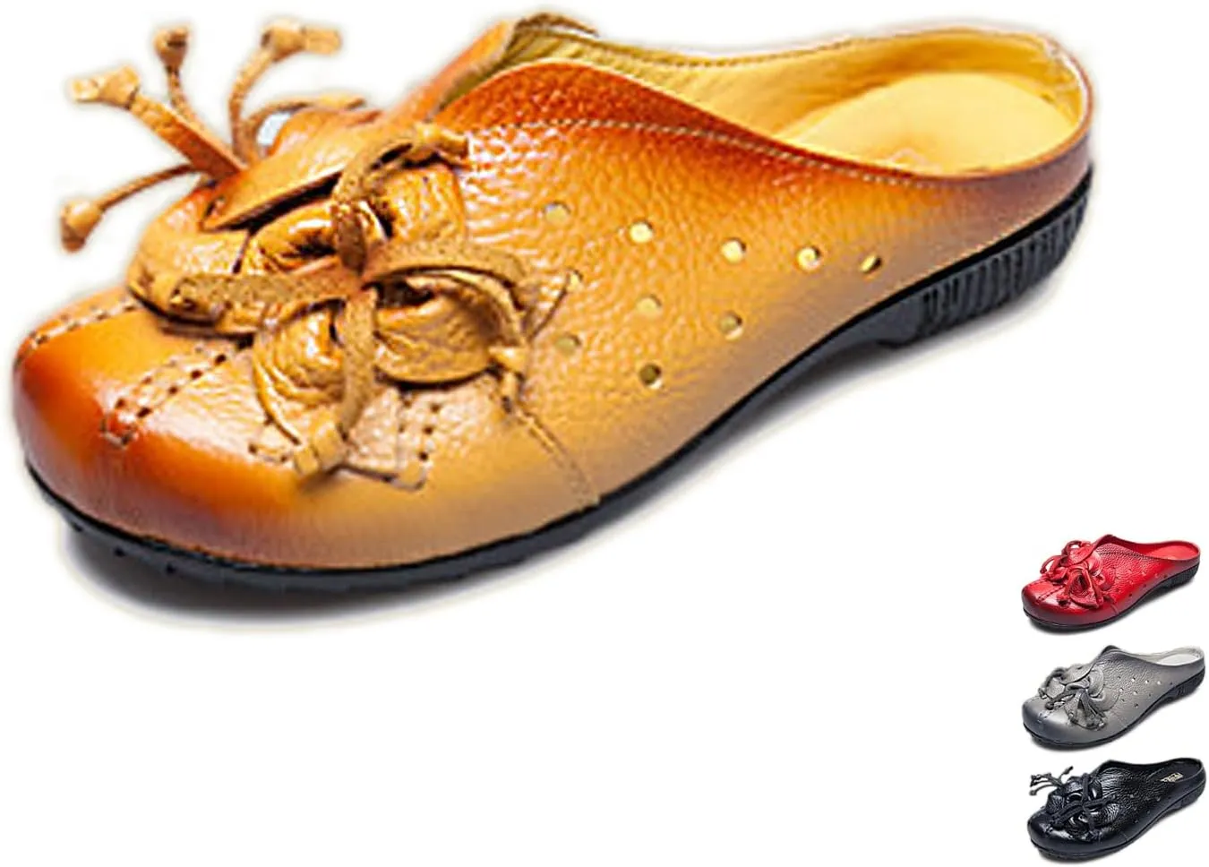 Women's Hand-Stitching Leather Cutout Mules & Clogs Slippers Vintage Flowers Breathable Backless Soft Slip-On Walking Shoes Ethnic Style Loafers