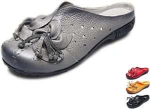 Women's Hand-Stitching Leather Cutout Mules & Clogs Slippers Vintage Flowers Breathable Backless Soft Slip-On Walking Shoes Ethnic Style Loafers