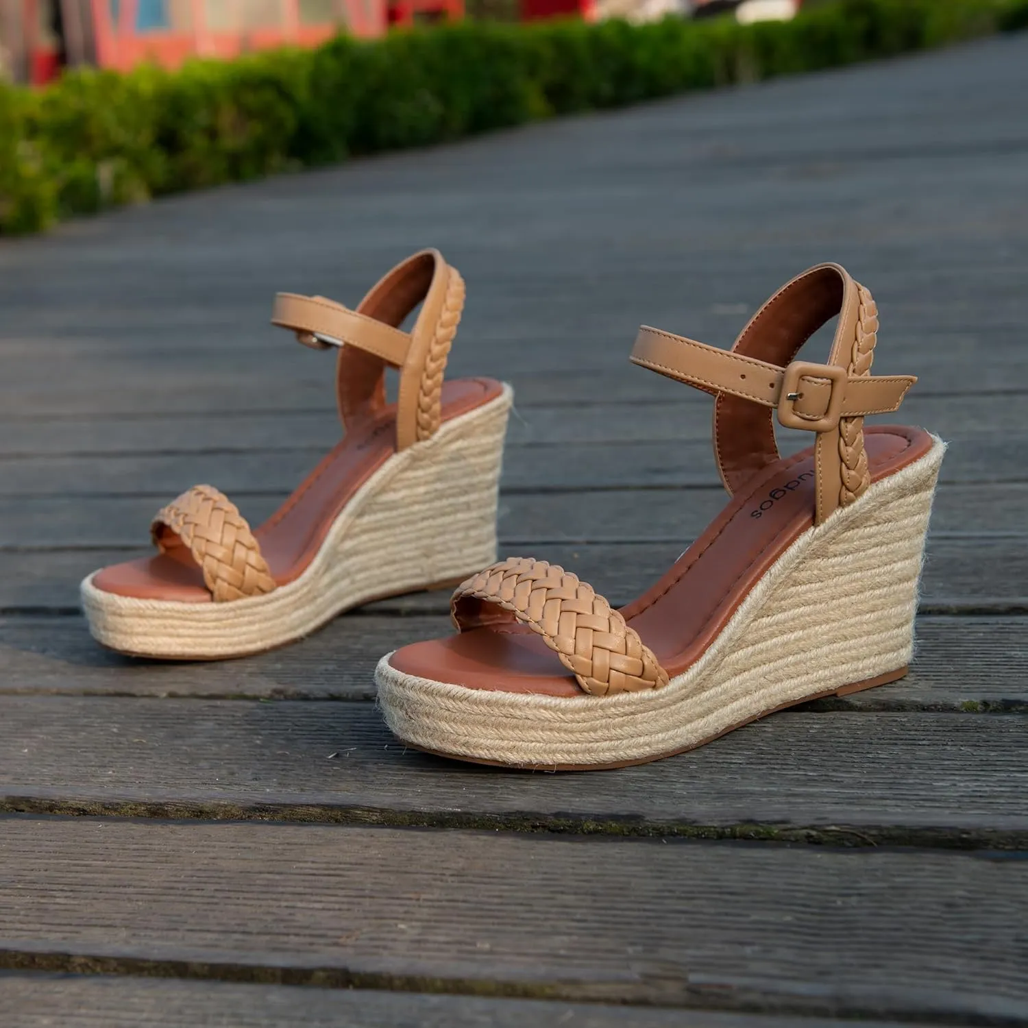 Women's Handwoven Raffia Wedge Sandals - Open-Toe High Heel Summer Shoes with Gold Accents