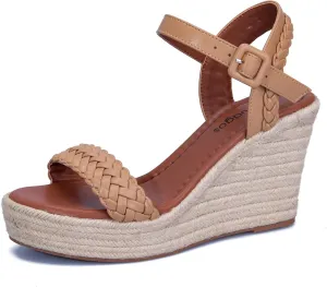 Women's Handwoven Raffia Wedge Sandals - Open-Toe High Heel Summer Shoes with Gold Accents