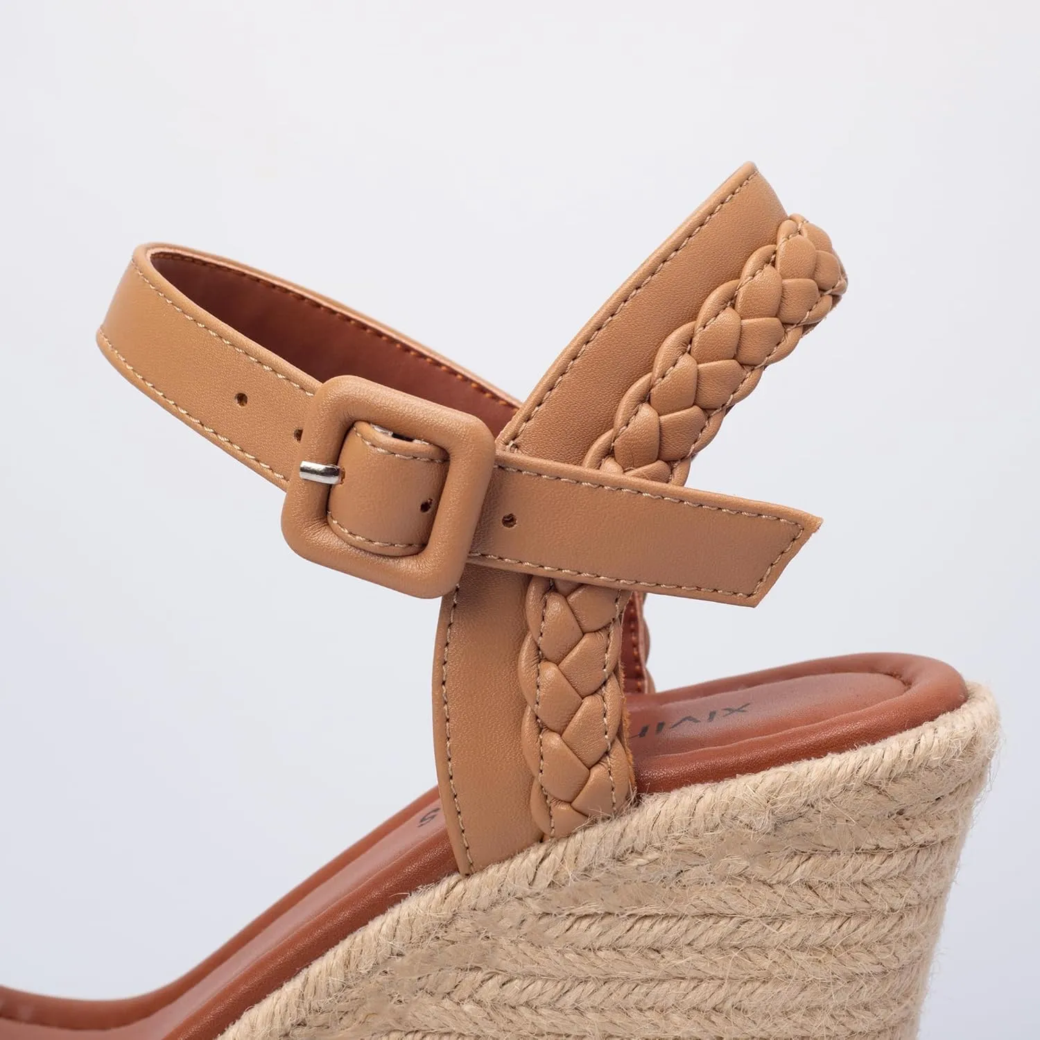 Women's Handwoven Raffia Wedge Sandals - Open-Toe High Heel Summer Shoes with Gold Accents