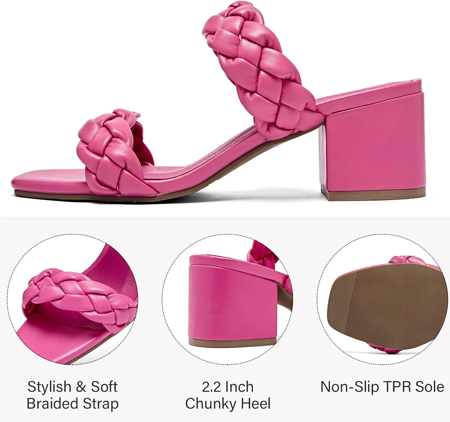 Women's Heels Braided Heeled Sandals, Squear Open Toe Slides Sandals Slip on Chunky Heel Sandals Dressy Summer Shoes for Women.