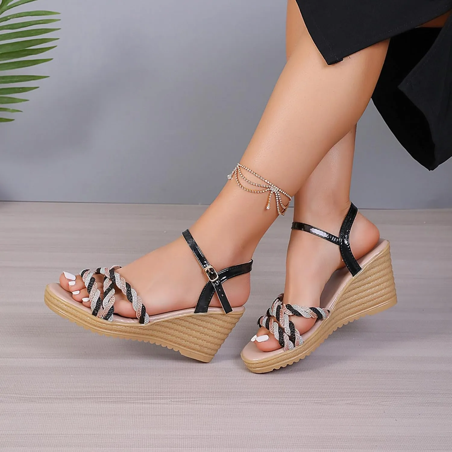 Women's High Heel Platform Espadrille Wedge Sandals Open Toe With Faux Leather Upper Cross Ankle Buckle Strap Non Slip Soles Slip on Elastic Ankle Strap Sandals for Women Casual Dressy Summer