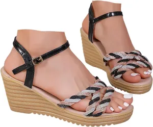 Women's High Heel Platform Espadrille Wedge Sandals Open Toe With Faux Leather Upper Cross Ankle Buckle Strap Non Slip Soles Slip on Elastic Ankle Strap Sandals for Women Casual Dressy Summer